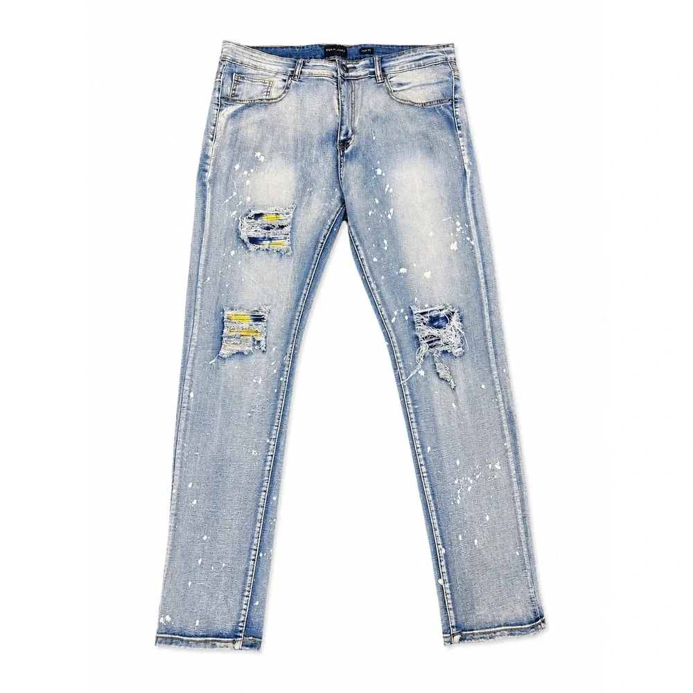 Waimea Men's Slim Fit Distressed Paint Splatter‎ Jeans Light Wash 36x32